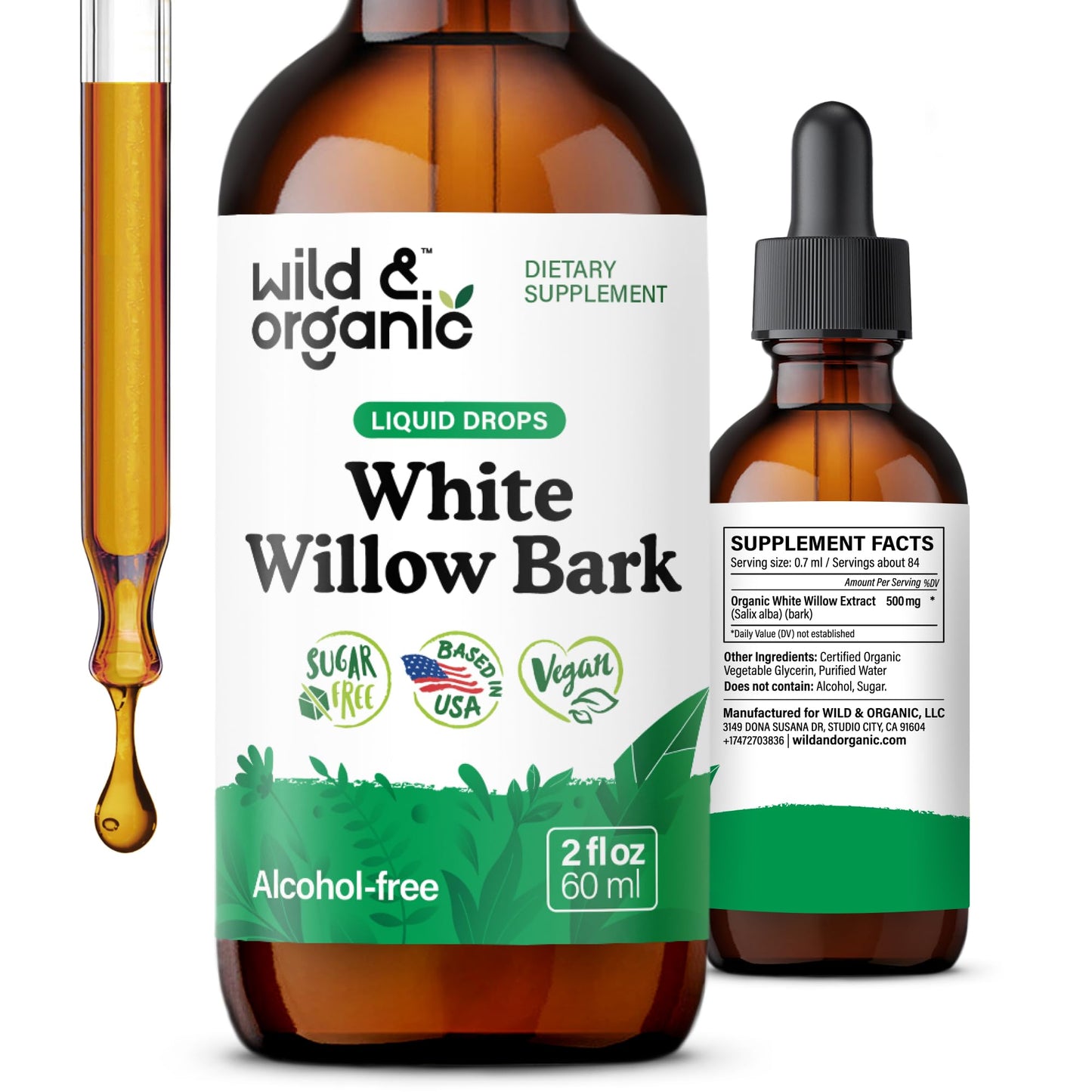 Wild & Organic White Willow Bark Tincture - Liquid Supplement for Overall Support - Alcohol & Sugar-Free White Willow Extract Drops - Salix Alba Bark - Vegan, No Additives - 4 fl oz