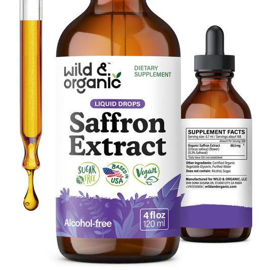 Wild & Organic Saffron Supplements 88.5 mg - Mood, Focus & Eye Support - Saffron Extract Liquid Drops - Add to Tea - 5-Month Supply - Crocus Sativus Herb - Vegan, Sugar & Alcohol-Free Tincture - 4 oz