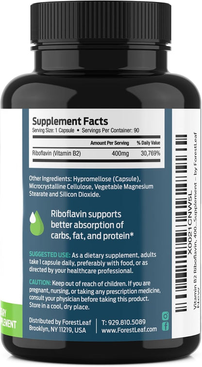 ForestLeaf Vitamin B2 Riboflavin 400mg - Energy, Skin & Cellular Health Supplement - Nervous System Support - Vitamin B 2 VIT B - Non-GMO & Gluten Free - B2 Vitamin 400mg Vegetable Capsules, 90 Count