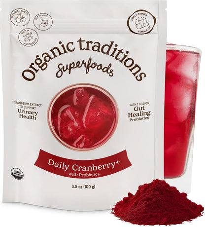 Organic Traditions Cranberry Powder, Organic Cranberry Juice Powder with Cranberries and Probiotics, No Added Sugar, Plant-Based Powder for Smoothies and Recipes, Vegan Non-GMO, 100g / 3.5oz Bag