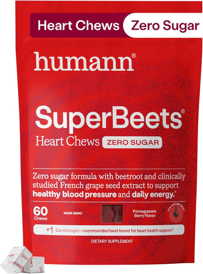 HumanN SuperBeets Heart Chews Zero Sugar, Beet Root Supplement, Energy, Nitric Oxide and Blood Pressure Support, Grape Seed Extract & Non-GMO, Heart Health, Pomegranate Berry Flavor, 60 Count