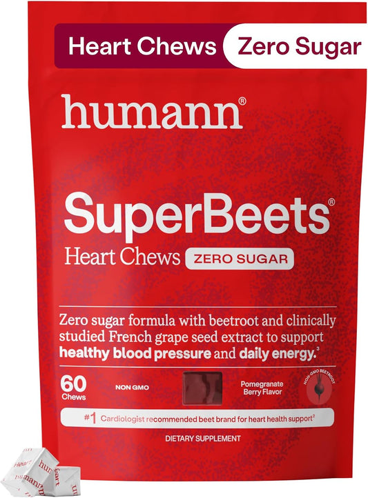 HumanN SuperBeets Heart Chews Zero Sugar, Beet Root Supplement, Energy, Nitric Oxide and Blood Pressure Support, Grape Seed Extract & Non-GMO, Heart Health, Pomegranate Berry Flavor, 60 Count