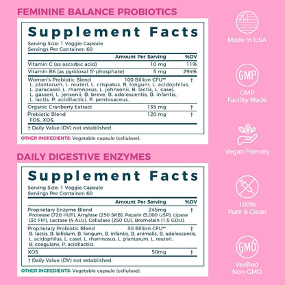 NewRhythm Digestion & Feminine Health Bundle, Probiotics, Prebiotics, Digestive Enzymes, Cranberry, Vitamin C & B6, Bundle & Save, 60 Capsules Each