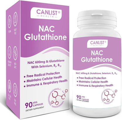 CANLIST NAC Supplement (N-Acetyl Cysteine) 600mg with Glutathione 400mg, Enhanced Absorption for Liver Health, Antioxidant Support & Detox, Non-GMO, Gluten Free, 90 Veggie Capsules
