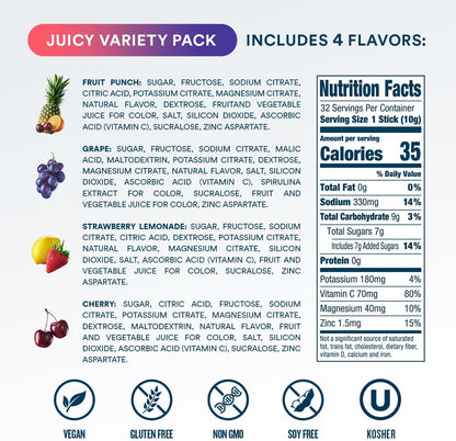 DripDrop Hydration Juicy Variety Pack, Electrolyte Packets, 32 Count | Grape, Fruit Punch, Strawberry Lemonade & Cherry; 3X Electrolytes, Vitamin C, Magnesium, Zinc; Single Serve Powder Drink Mix