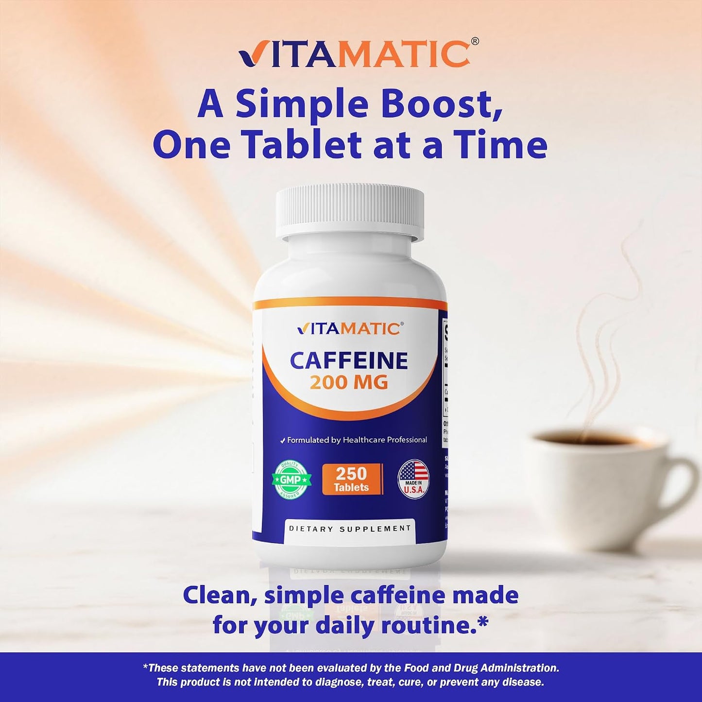 Vitamatic Caffeine Pills 200mg per Serving, 250 Vegetarian Tablets | Support Energy Support & Endurance Performance*, Non GMO, Gluten Free, Made in USA