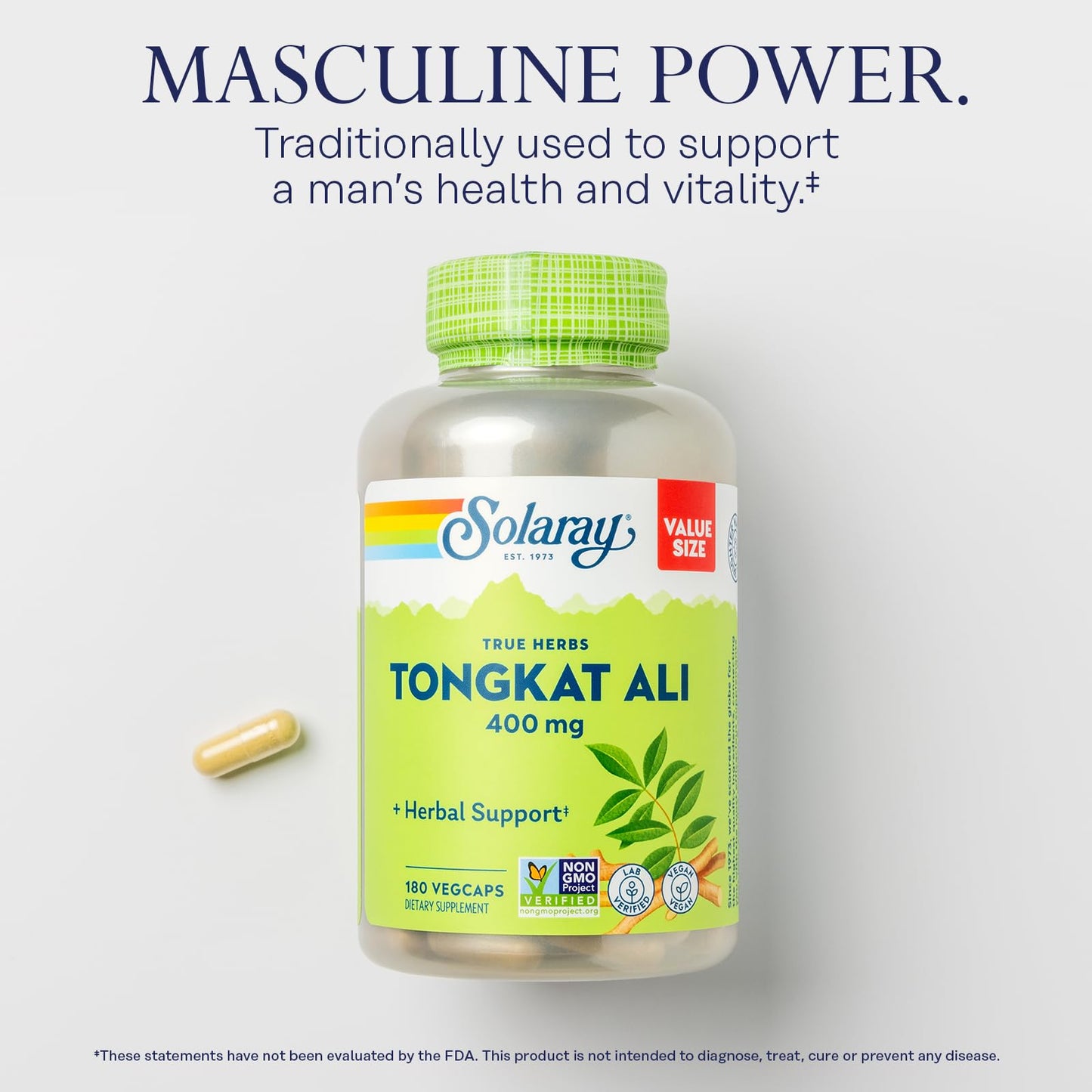 SOLARAY Tongkat Ali 400 mg - Longjack Tongkat Ali for Men - Herbal Support for Men's Health and Vitality - Vegan, Non-GMO, Lab Verified - 180 Servings, 180 VegCaps