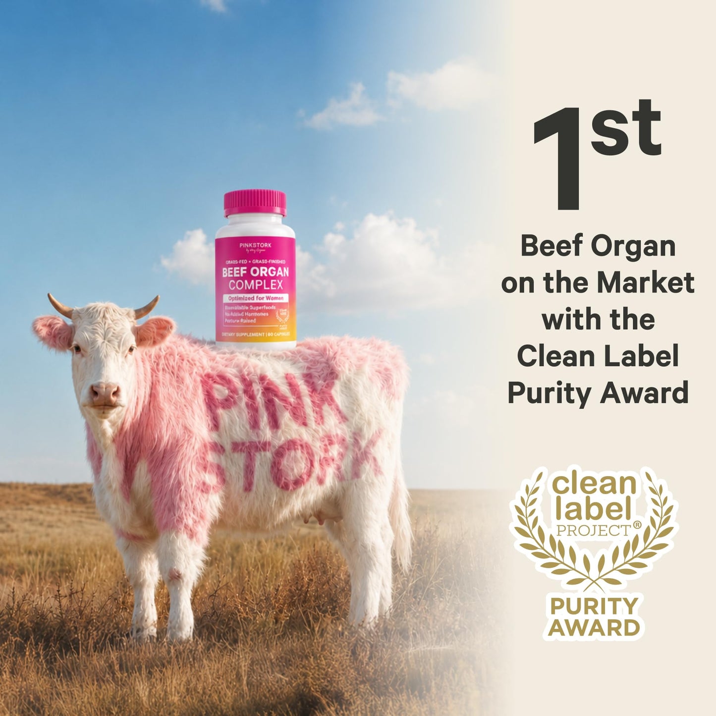 Pink Stork Beef Organ Supplement for Women, Clean Label, 60 Capsules | Grass-Fed Beef Liver Capsules, Iron, B12, CoQ10, Vitamin A, Primal Multivitamin for Hormone + Energy Support