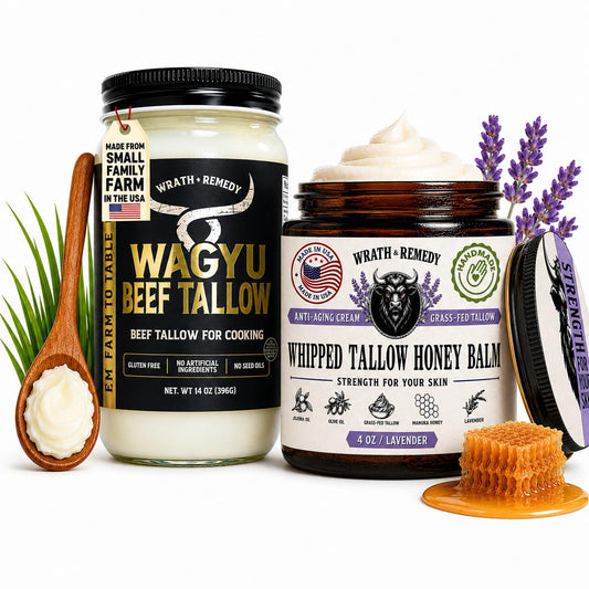 Wrath & Remedy Organic Beef Tallow for Skin - 4 OZ (Lavender) & Wagyu Beef Tallow for Cooking (14 oz)