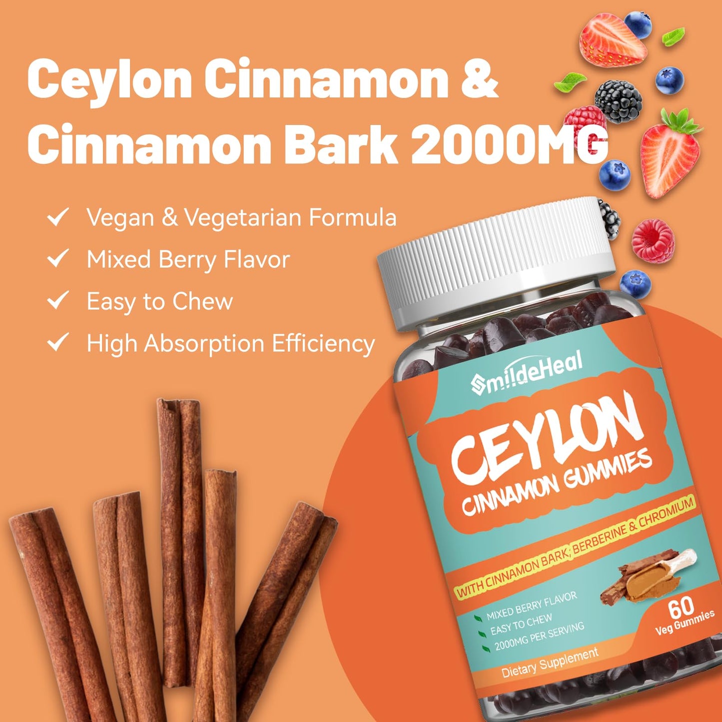 Sugar Free Ceylon Cinnamon Gummies 2000MG, Cinnamon Supplement with Chromium and Cinnamon Bark, Vegan, Non-GMO, Gluten Free, 60 Gummies