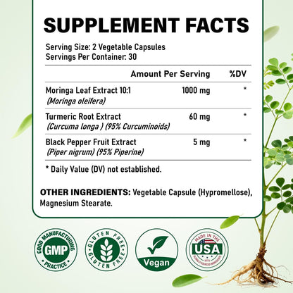 Organic Moringa Capsules 1000mg, 10:1 Leaf Extract Supplement with Turmeric & Black Pepper for Energy, Antioxidant, Immune Support, Vegan, 60 Capsules