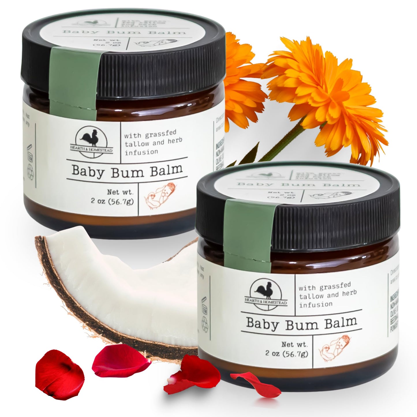 Hearth & Homestead Baby Bum Balm, Grass Fed Tallow Diaper Rash Cream with Zinc Oxide & Bentonite Clay, Fragrance Free Diaper Cream for Sensitive Baby Skin, Newborn Safe, 2oz