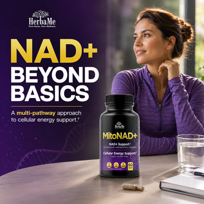 HerbaMe NAD+ Support Supplement - Multi-Pathway Cellular Energy Formula with Nicotinamide, CoQ10, PQQ, Resveratrol & Apigenin - Mitochondrial Support & Healthy Aging - 60 Capsules