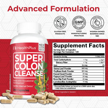Health Plus Super Colon Cleanse 60 Day Supply of Gentle Gut Cleanse Detox, Psyllium Husk, Probiotics for Constipation Relief & Digestive Support, 240 Capsules