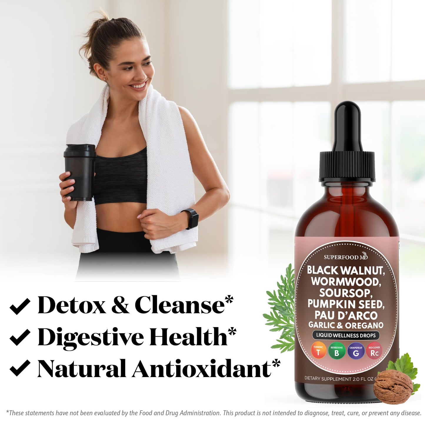 Wormwood Black Walnut Cleanse for Humans Drops Liquid Soursop Garlic Pumpkin Seed PAU D'Arco Oil of Oregano Turmeric Berberine Neem Extract Hull Bark Tincture - 4 oz