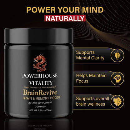BrainRevive Lion's Mane Mushroom Gummies for Adults - Brain Supplement Gummies for Memory and Focus, Nootropic Brain Health, Ashwagandha, Reishi, Cordyceps, Vegan, 60 Count