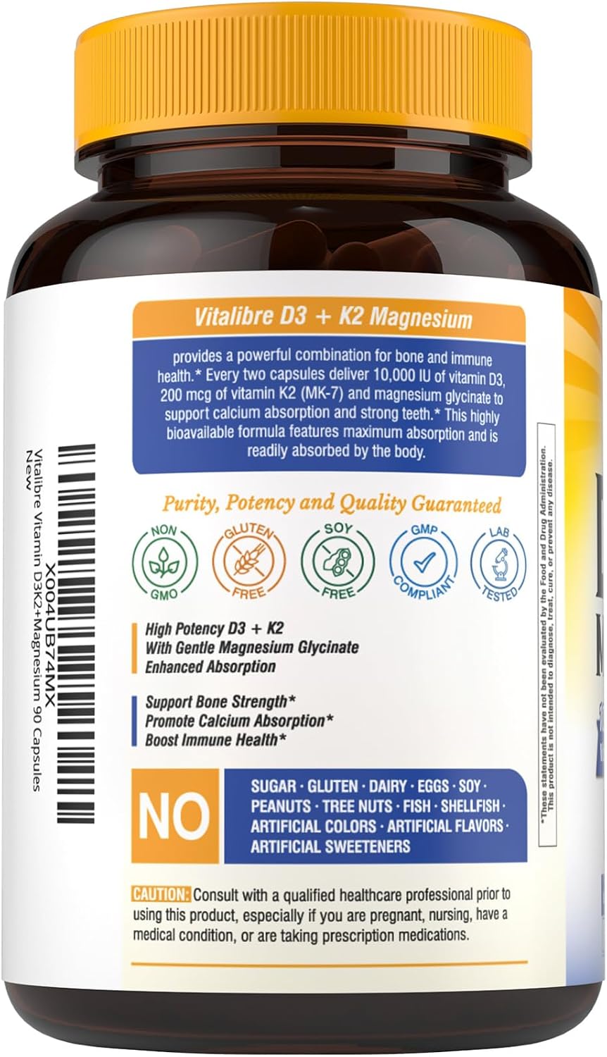 Vitalibre D3 K2 + Magnesium Supplement, 10000 IU Vitamin D3 & 200 mcg K2, with Magnesium Glycinate, Bone, Teeth, Immune & Energy Support, High Absorption, Non-GMO, Easy to Swallow, 60 Capsules