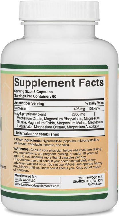Magnesium Complex Supplement 180 Capsules (426mg Elemental Magnesium Provided by 2,300mg of Eight Different Forms of Magnesium) MAG-8 Provides 100% Daily Recommended Value of Magnesium by Double Wood