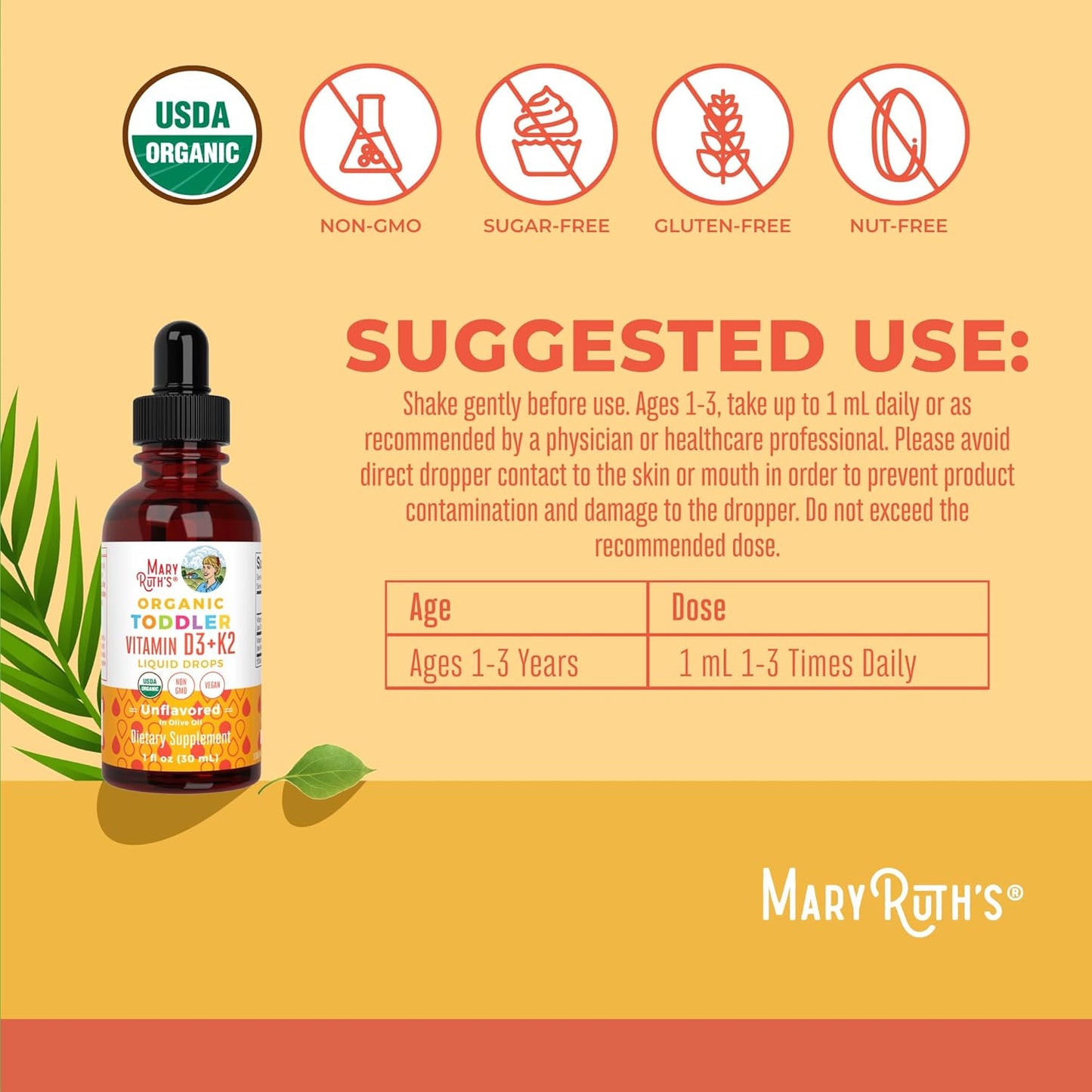 MARYRUTH'S Organics Vitamin D3 | Vitamin K2 | Vitamin D3 K2 Drops | K2 D3 Vitamin Liquid Supplement for Toddlers | Kids Supplement for Calcium Absorption Strong Bones | Vegan | Gluten Free | 1 Fl Oz