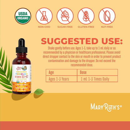 MARYRUTH'S Organics Vitamin D3 | Vitamin K2 | Vitamin D3 K2 Drops | K2 D3 Vitamin Liquid Supplement for Toddlers | Kids Supplement for Calcium Absorption Strong Bones | Vegan | Gluten Free | 1 Fl Oz