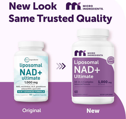 Micro Ingredients Liposomal NAD+ Ultimate Complex 1,000mg | 60 Veggie Capsules | NMN Pathway Formula | 10-in-1 with Resveratrol, Glutathione, & Astaxanthin | NAD Supplement for Women & Men