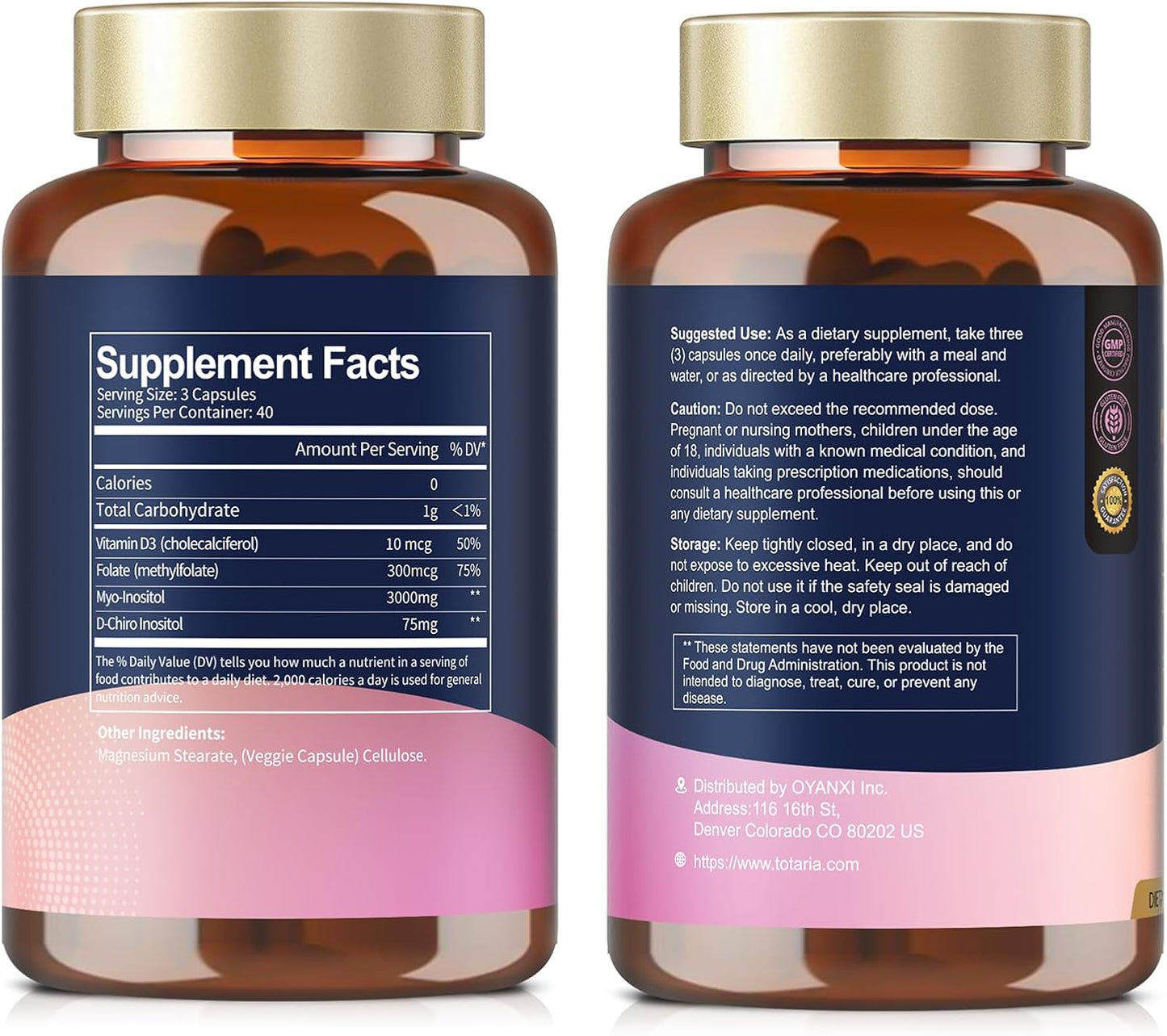 Totaria Myo-Inositol & D-Chiro Inositol Supplement Capules 3075mg, Plus Multivitamin Vitamin D3, Folate, Ideal 40:1 Ratio - Hormonal Balance for Women & Ovarian* Support | Vegan, Non GMO - 120 Caps