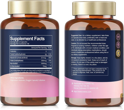 Totaria Myo-Inositol & D-Chiro Inositol Supplement Capules 3075mg, Plus Multivitamin Vitamin D3, Folate, Ideal 40:1 Ratio - Hormonal Balance for Women & Ovarian* Support | Vegan, Non GMO - 120 Caps