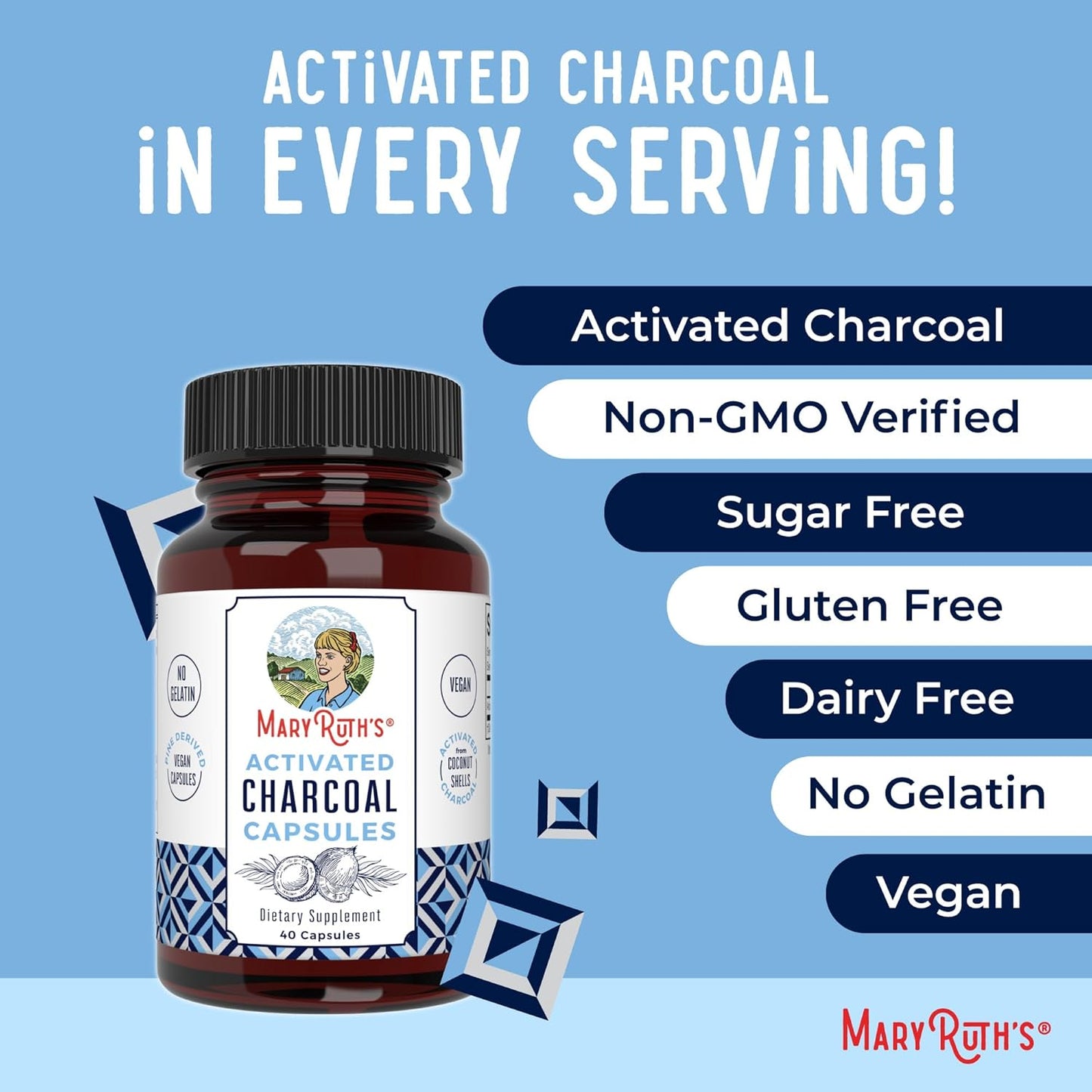 MARYRUTH'S Activated Charcoal Capsules 950 mg Activated Charcoal | Substance Adsorption | Derived from Coconut Shells | Vegan Capsules from Pine Trees | Non-GMO | Gluten Free | 40 Count