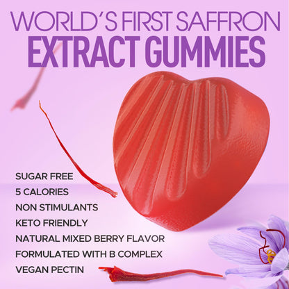 Saffron Supplements Gummies 100mg - 100% Pure Saffron Extract with Magnesium Glycinate, L-Theanine, Turmeric, Ashwagandha, Honey & Vitamin B Complex for Mood & Power, Antioxidant, Vitality - 60 Count
