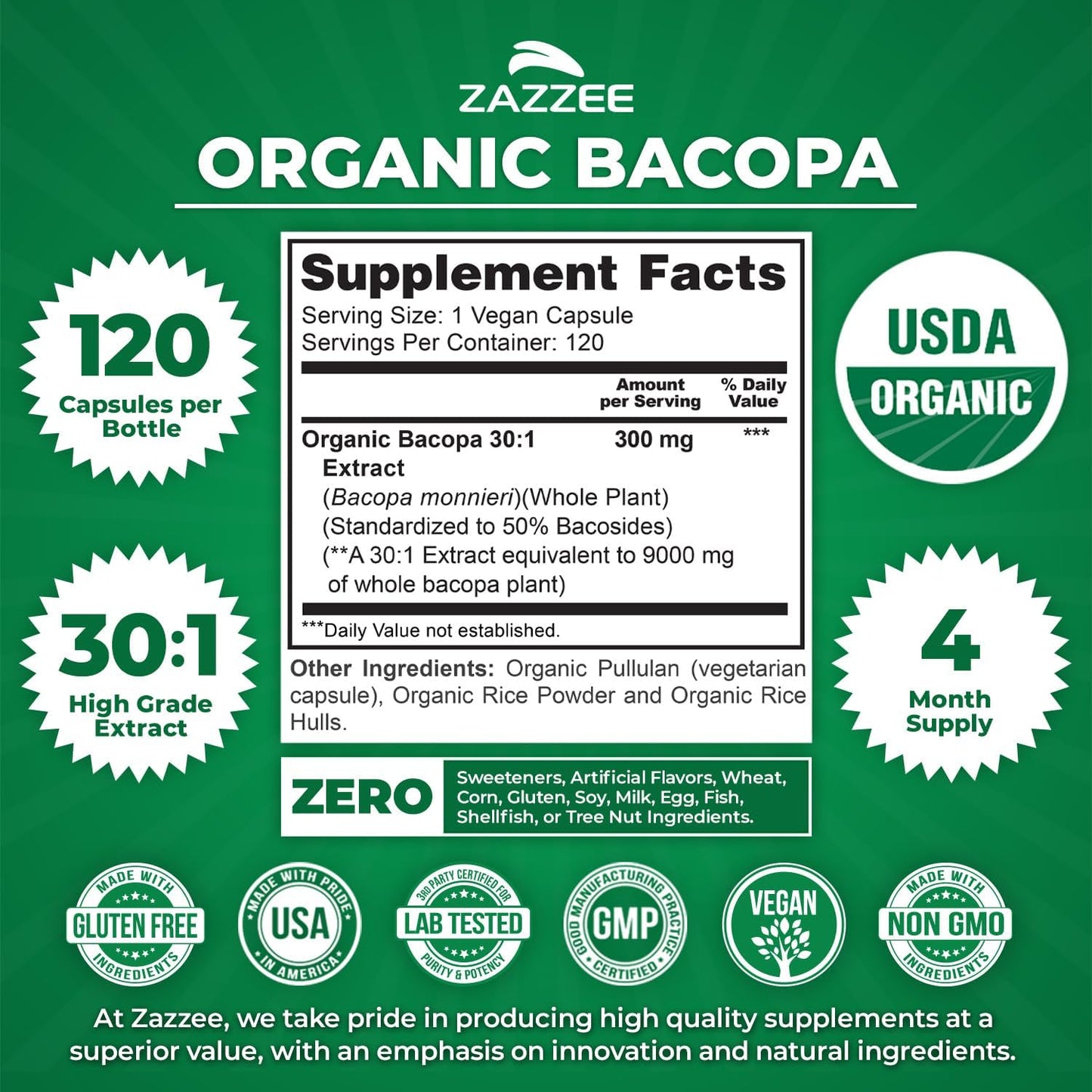 Zazzee USDA Organic Bacopa 30:1 Extract, 50% Bacosides, 120 Vegan Capsules, 4 Month Supply, Bacopa Monnieri, Cognitive, Brain & Memory Support, Non-GMO, Organic Herbal Supplement, Made in the USA
