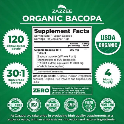 Zazzee USDA Organic Bacopa 30:1 Extract, 50% Bacosides, 120 Vegan Capsules, 4 Month Supply, Bacopa Monnieri, Cognitive, Brain & Memory Support, Non-GMO, Organic Herbal Supplement, Made in the USA
