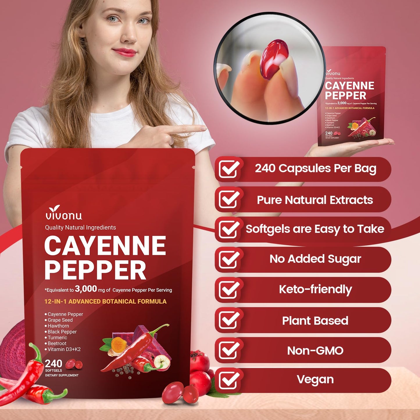 VivoNu Cayenne Pepper Softgels Supplement, Supports Leg Vein, Heart and Blood Vessel Health, with Vitamin E D3+K2 and Extracts of Grape Seed, Hawthorn, Beetroot, Berberine (Softgel / 1 Bag)
