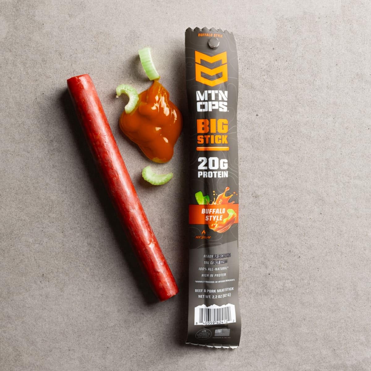 MTN OPS Big Stick High Protein Meat Sticks - 20g Protein, 10% Collagen - Buffalo Style Flavor - Individually Wrapped Beef Snacks - 10 Count Carton