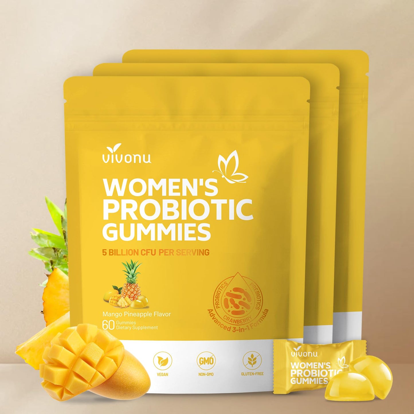 VivoNu Pineapple Gummies for Women Ph, Women Probiotic Gummies, Feminine Balance Gummy, Mango Pineapple Viginal Probiotics for Woman Vaginigal Health, Yeast Ph Balance