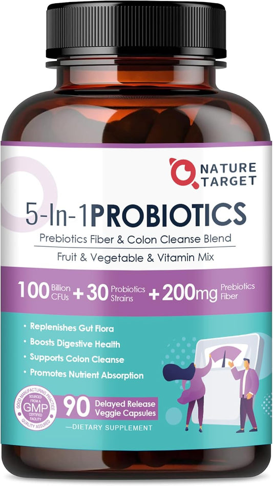 NATURE TARGET Probiotics for Women-Men with Prebiotics, 90 Veggie Capsules | 100 Billion for Digestive, Gut and Immune Health, No Refrigeration (45 Days Supply)