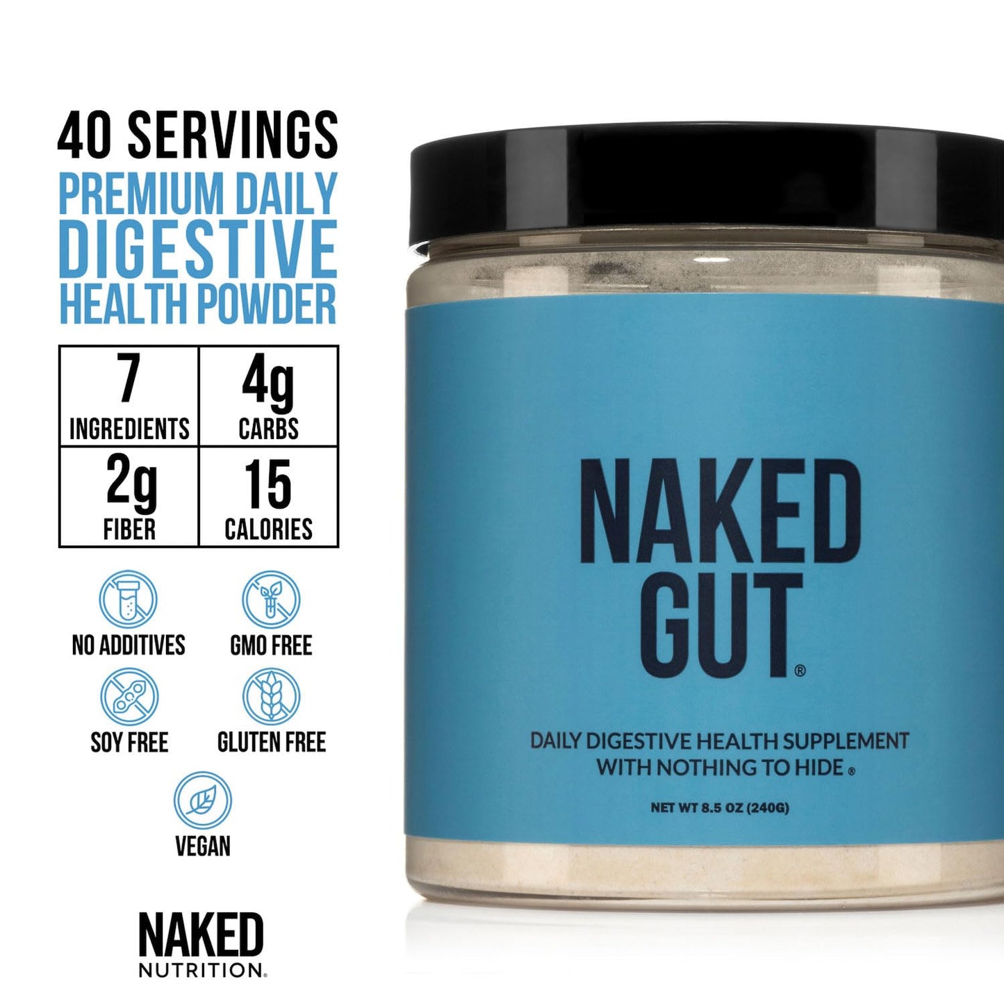 NAKED Gut - Daily Gut Health Supplement - Natural Gut Health Powder for Gut Cleanse, Digestive Support, GMO-Free, Soy-Free, Gluten-Free, Vegan and Hypoallergenic, 40 Servings