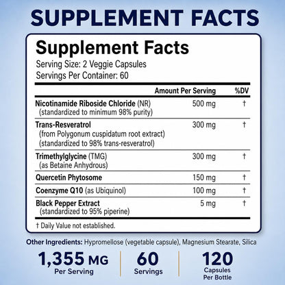 Happee NAD+ Nicotinamide Riboside Resveratrol Supplement Women Men 120ct | For Healthy Aging, Mental Clarity & Cellular Energy - 1355mg 6-in-1 NAD+ Supplement with NR & TMG