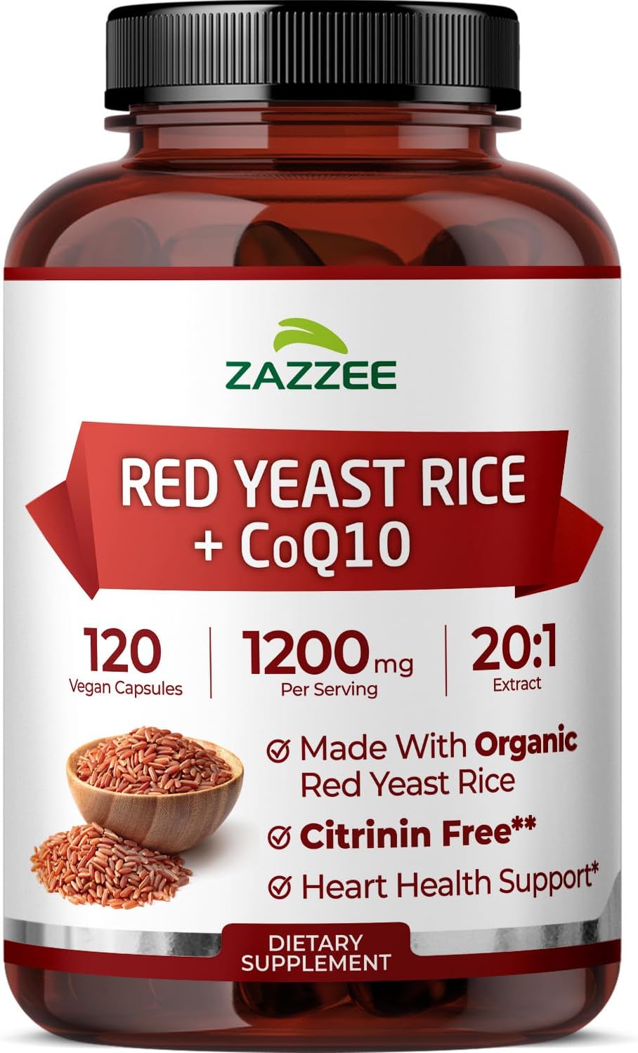 Zazzee Organic Red Yeast Rice 20:1 Extract with CoQ10, Citrinin-Free, 1200 mg per Serving, 80 mg CoQ10, 120 Vegan Capsules, Healthy Heart & Cardiovascular Support, Non-GMO, Made in the USA