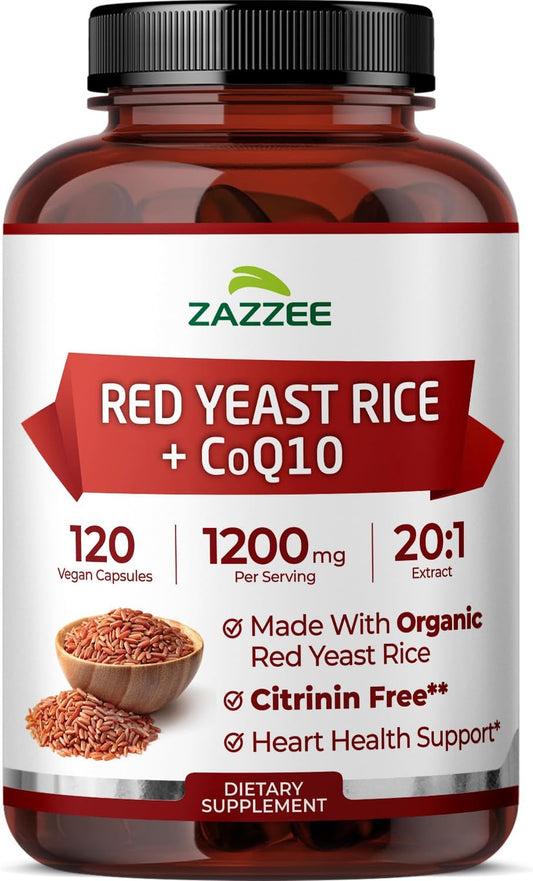 Zazzee Organic Red Yeast Rice 20:1 Extract with CoQ10, Citrinin-Free, 1200 mg per Serving, 80 mg CoQ10, 120 Vegan Capsules, Healthy Heart & Cardiovascular Support, Non-GMO, Made in the USA