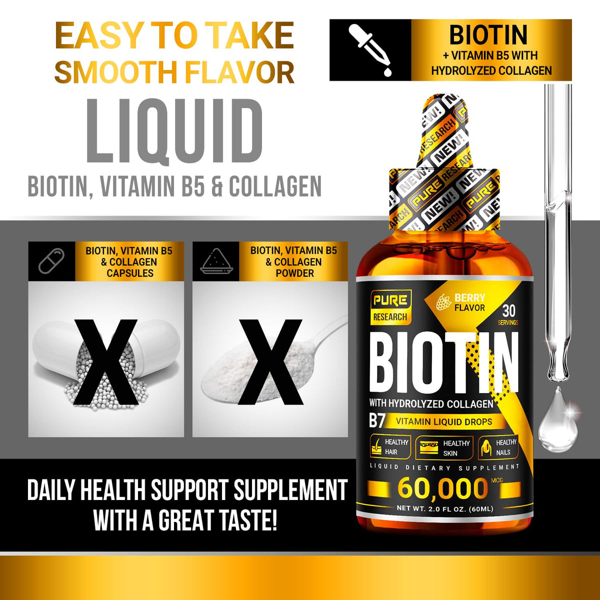 PURE RESEARCH Liquid Biotin & Collagen Hair Growth Drops 60,000mcg – Biotin and Liquid