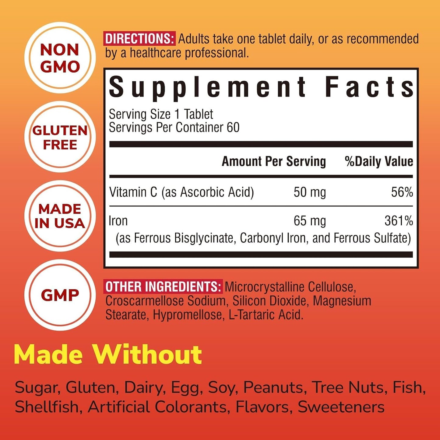 Iron Supplement, 65mg Complex Ferrous Bisglycinate, Sulfate, Carbonyl Iron | with Natural Vitamin C, Stomach Friendly Iron Pills for Blood Building, High Absorption, Non GMO, 60 Vegan Tabs