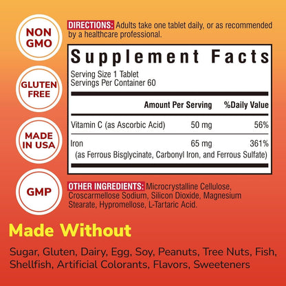 Iron Supplement, 65mg Complex Ferrous Bisglycinate, Sulfate, Carbonyl Iron | with Natural Vitamin C, Stomach Friendly Iron Pills for Blood Building, High Absorption, Non GMO, 60 Vegan Tabs