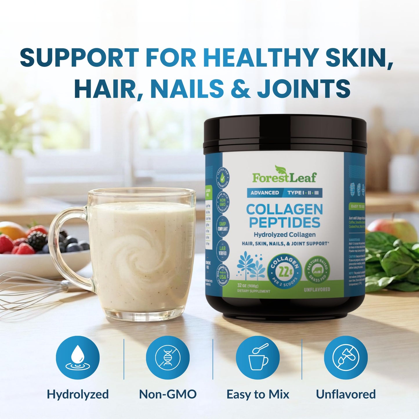 ForestLeaf Collagen Peptides Powder Unflavored - Hydrolyzed Grass Fed Keto Collagen Protein Powder Type 1, 2 & 3 - Vital Hair, Skin, Nails, Joints, Recovery, 11g Per Serving