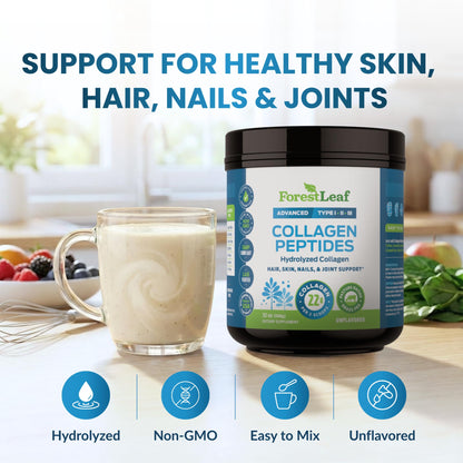 ForestLeaf Collagen Peptides Powder Unflavored - Hydrolyzed Grass Fed Keto Collagen Protein Powder Type 1, 2 & 3 - Vital Hair, Skin, Nails, Joints, Recovery, 11g Per Serving