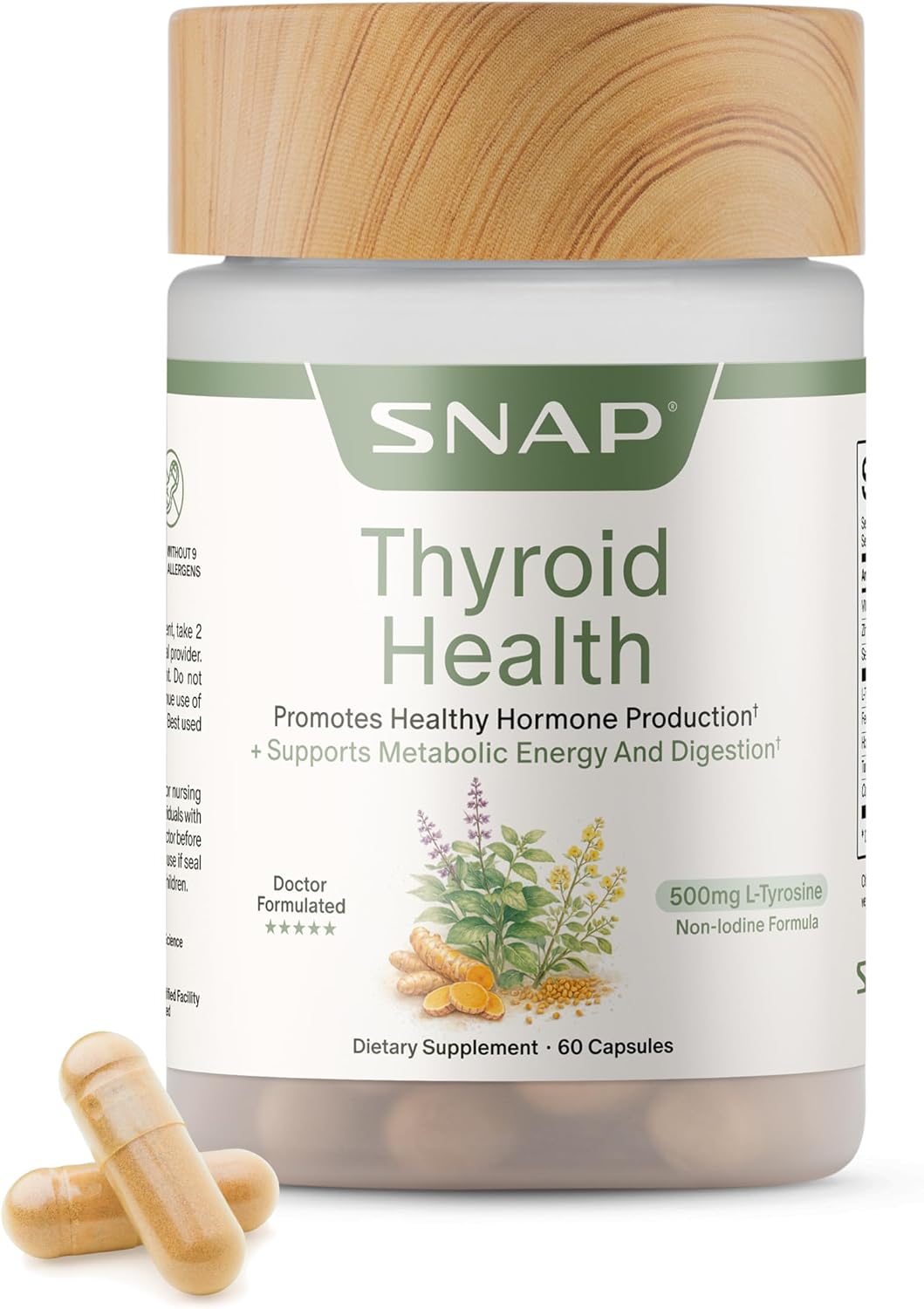Snap Supplements Thyroid Health, Selenium, Zinc, L-Tyrosine, 60 Capsules | Thyroid Support Supplement for Women & Men, Botanicals for Metabolism, Energy & Endocrine Balance, Iodine-Free, Vegan
