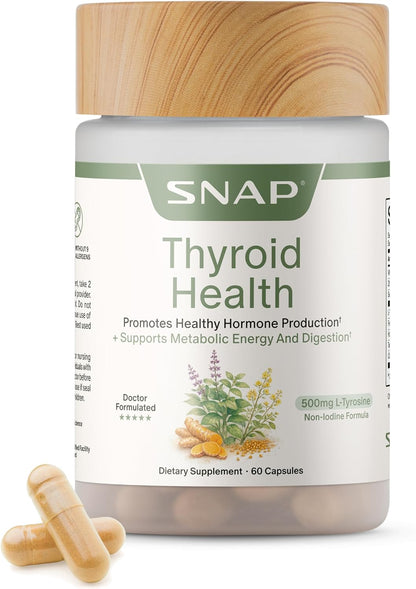 Snap Supplements Thyroid Health, Selenium, Zinc, L-Tyrosine, 60 Capsules | Thyroid Support Supplement for Women & Men, Botanicals for Metabolism, Energy & Endocrine Balance, Iodine-Free, Vegan