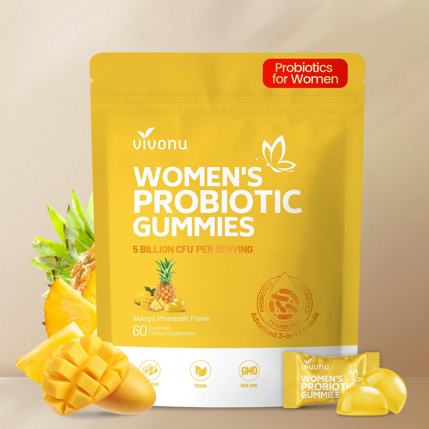 VivoNu Pineapple Gummies for Women Ph, Women Probiotic Gummies, Feminine Balance Gummy, Mango Pineapple Viginal Probiotics for Woman Vaginigal Health, Yeast Ph Balance