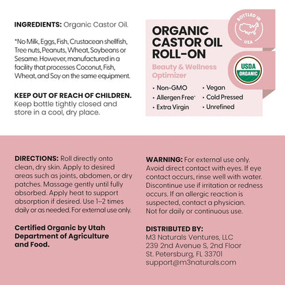 Organic Castor Oil Roll On - Extra Virgin, Unrefined & Hexane-free (3oz)