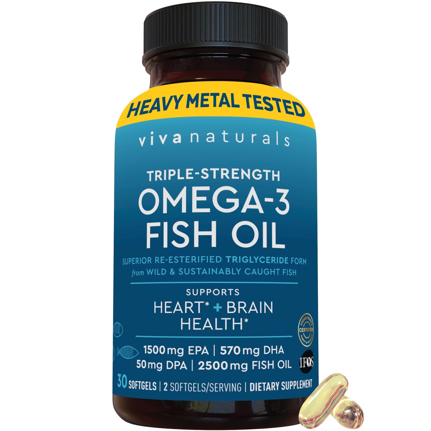 Omega 3 Fish Oil Supplement for Women and Men - 2500 mg Triple Strength Fish Oil per Serving with Omega 3 Fatty Acids Including EPA, DHA DPA - 180 Pescatarian-Friendly Softgels