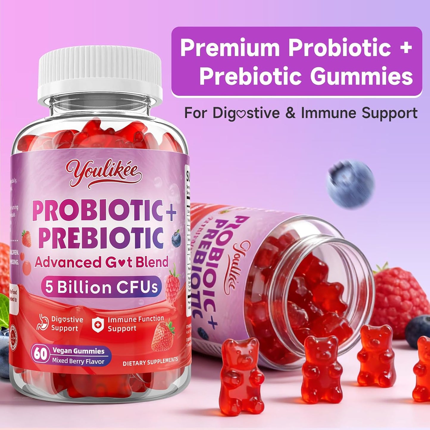 2 Pack Prebiotic + Probiotic Gummies, 5 Billion CFUs with Fibers | Probiotic Gummies for Gut Health Support, Vegan, Sugar-Free, 120 Count